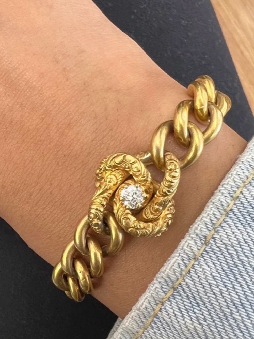 Gold Antique 1890’s 20k solid link Chain Bracelet Decorative Knot .25c diamond.